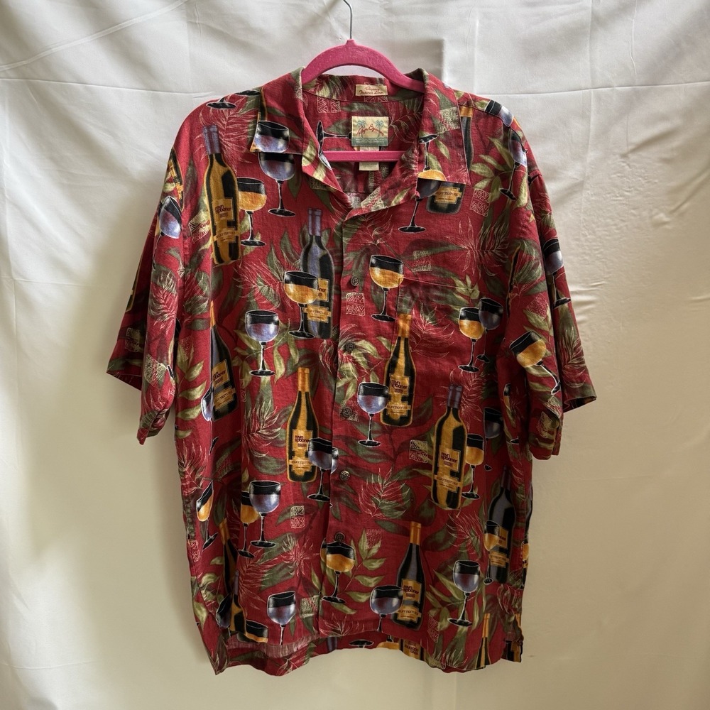 Reyn Spooner Mens L Hawaiian Shirt Regency Textured Linen Wine Bottle Silky